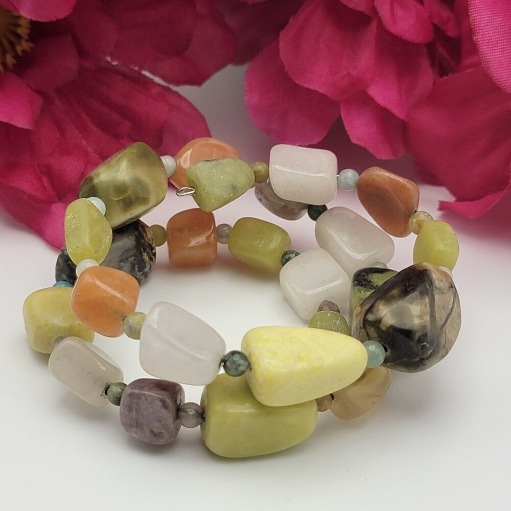 Natural Multicolor Gemstones Coil Wrap Bracelet 16 Inch Total Silver Tone Wire